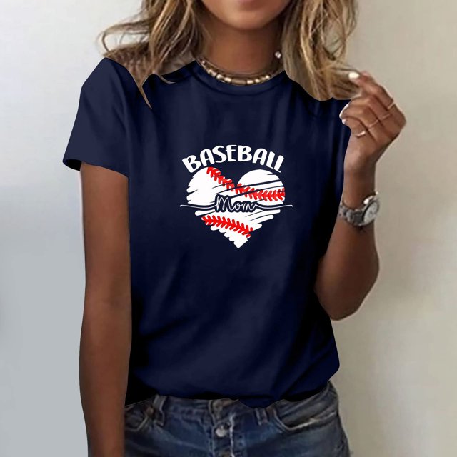 Meichang T-Shirts de Maman de Baseball Chemises pour Femmes T-Shirts Graphiques Amour de Maman de Baseball T-Shirts d'Été à Manches Courtes Col Ras du Cou T-Shirts Décontractés Amples Hauts Bleu Foncé TG