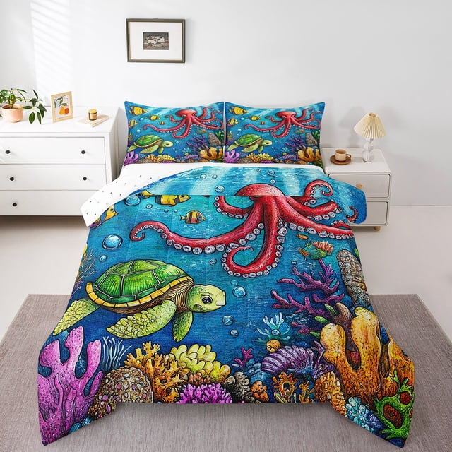 Erosebridal Cute Sea Turtle Octupus Bedding Sets with Comforter, Multicolor Coral Duvet Insert, Reversible 2pcs