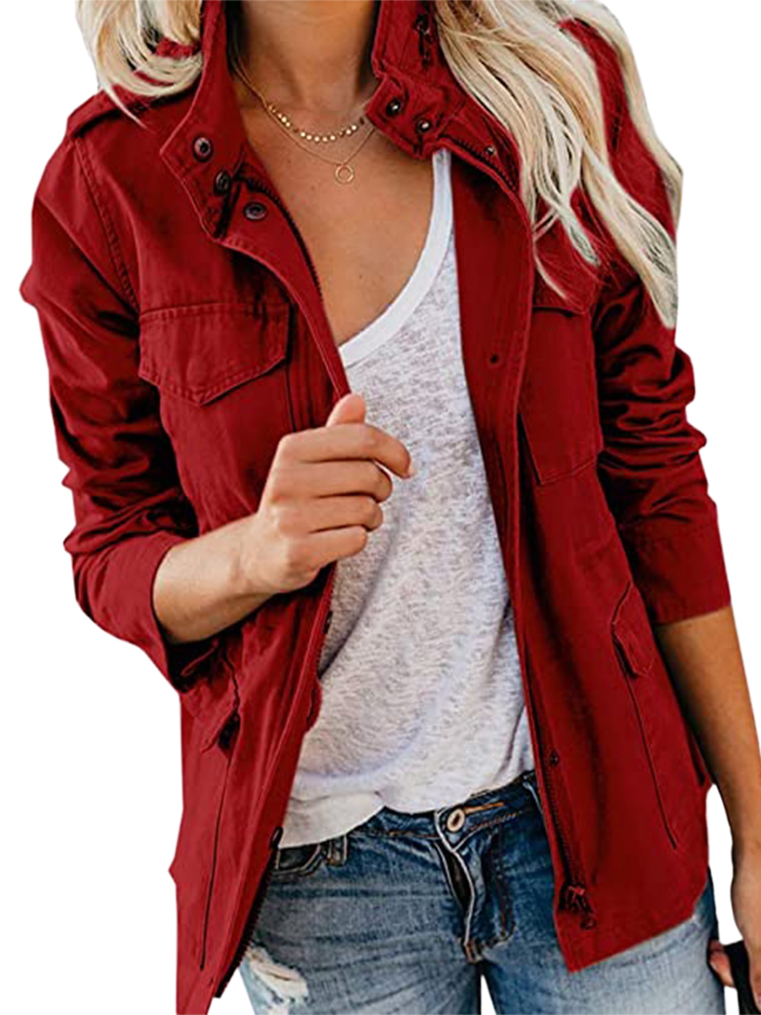 Bellella Manteau pour Femme Couleur Unie Veste Militaire Manches Longues Manteau Décontracté à Revers Vestes Utilitaires Extérieur Rouge Vin m
