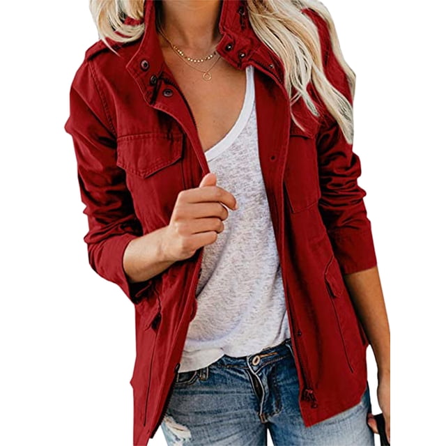 Innerwin Outwear Lapel Women Military Jacket Fall Solid Color Slim Fit Coat Wine Red S