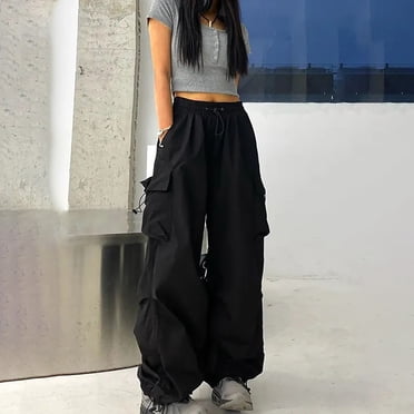 Summer Saving!Women High Waisted Cargo Pants Wide Leg,Baggy Parachute Pants for Womens,Casual Drawstring Elastic Ruched Cargo Pants Multiple Pockets Jogger Y2k Streetwear with Drawstring Ankle Cuffs