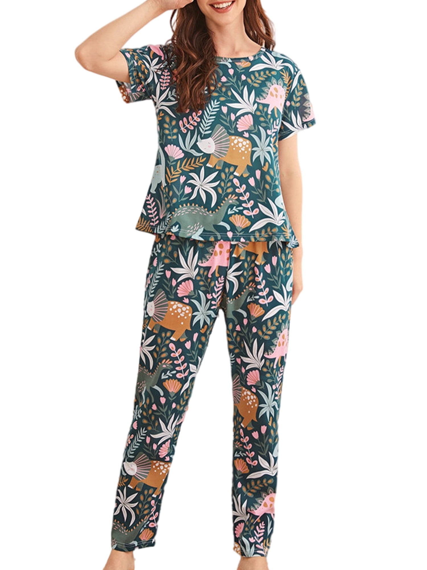 Innerwin Pajamas Set Plaid Printed Ladies Sleepwear Home Color Block Basic Nightwear Botanical Garden XL
