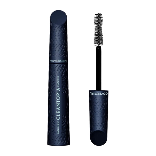 COVERGIRL Lash Blast Cleantopia Mascara, Volumizing, Plant-powered Clean Vegan Formula, Ultramarine Black — front-facing tube and wand; black tube with COVERGIRL text, hourglass lash brush shown with dark product on bristles, shows lift and separation; notes smudge-proof, clump-free vegan formula infused with cellulose plant fibers, aloe leaf extract and maracuja oil; often used to darken lower lashes or define brows in a pinch.