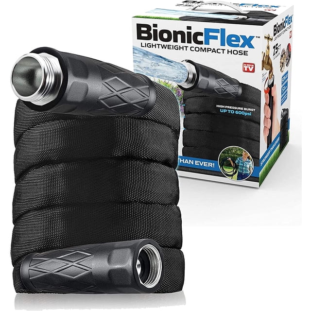 Bionic Flex Boyau d'Arrosage 75 Pi, Boyau d'Eau Léger Montré Enroulé avec un Tissage polyester Noir durable et des Connecteurs Renforcés. l'Emballage Met en Valeur Son design Ultraléger, Sans Pli et Résistant aux Intempéries, Convient à une Utilisation Intensive dans des conditions Extrêmes.