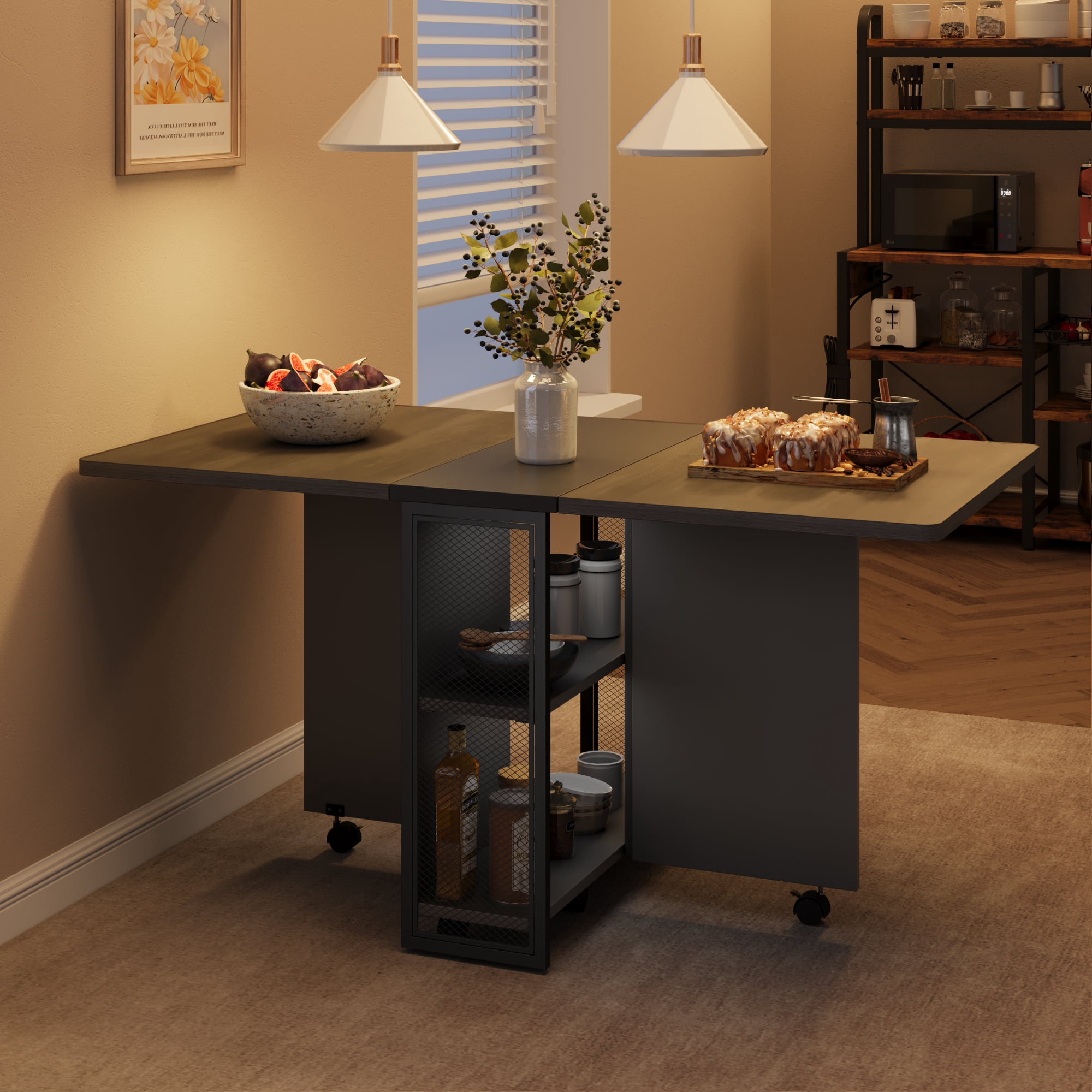 Space Saving Folding Dining Table with 2 Tier Storage-Extendable Drop Leaf Farmhouse Kitchen Dining Room Tables Set for 4