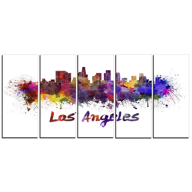 Design Art Los Angeles Skyline Canvas Print with five gallery wrapped cotton canvas panels featuring vibrant watercolor splashes in red, purple, yellow, and blue forming the Los Angeles skyline silhouette and 'Los Angeles' text in brushstroke style, ready to hang with included hardware, suitable for home or office wall décor.