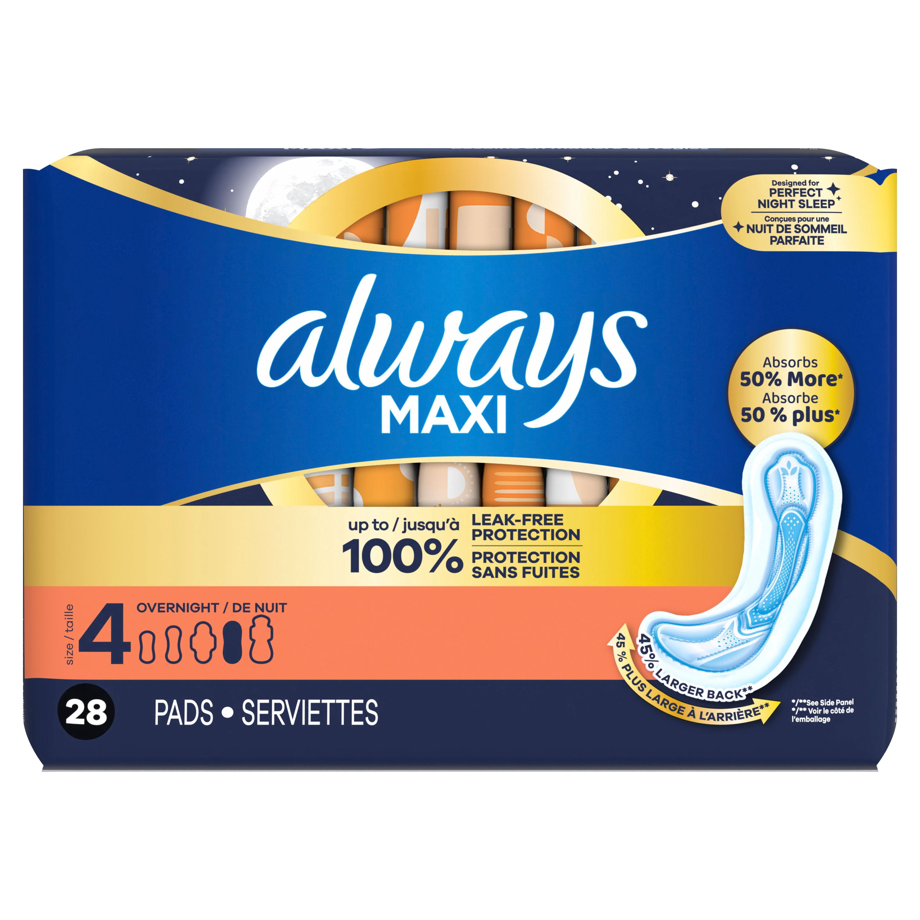 Always Serviettes Maxi de Nuit Sans Ailes pour Femmes, Taille 4, Absorption de Nuit, Non Parfumées