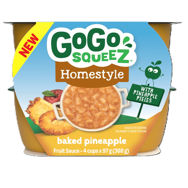 GoGo squeeZ Homestyle Baked Pineapple Fruit Sauce Cup pack of four 97 g cups featuring baked pineapple fruit sauce with pineapple pieces and no artificial flavors or colors, ideal for grocery snacks and fruit cup categories, also suitable for on-the-go fruit snack.