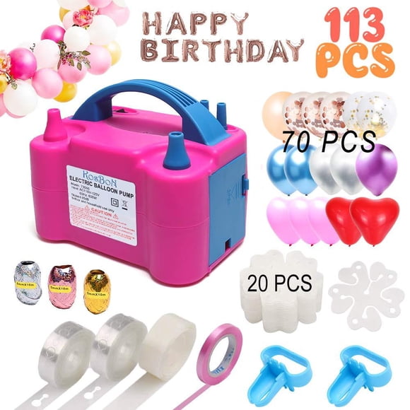 Pompe à Ballon, Souffleur de Ballons Électrique 110V 600W Portable à Deux Buses Pompe à Air Électrique pour Ballons Gonfleur de Ballons Électrique avec 70 Pcs Ballons, Outils de Nouage, 20 Pinces à Fleurs, Bande de Ruban, Co