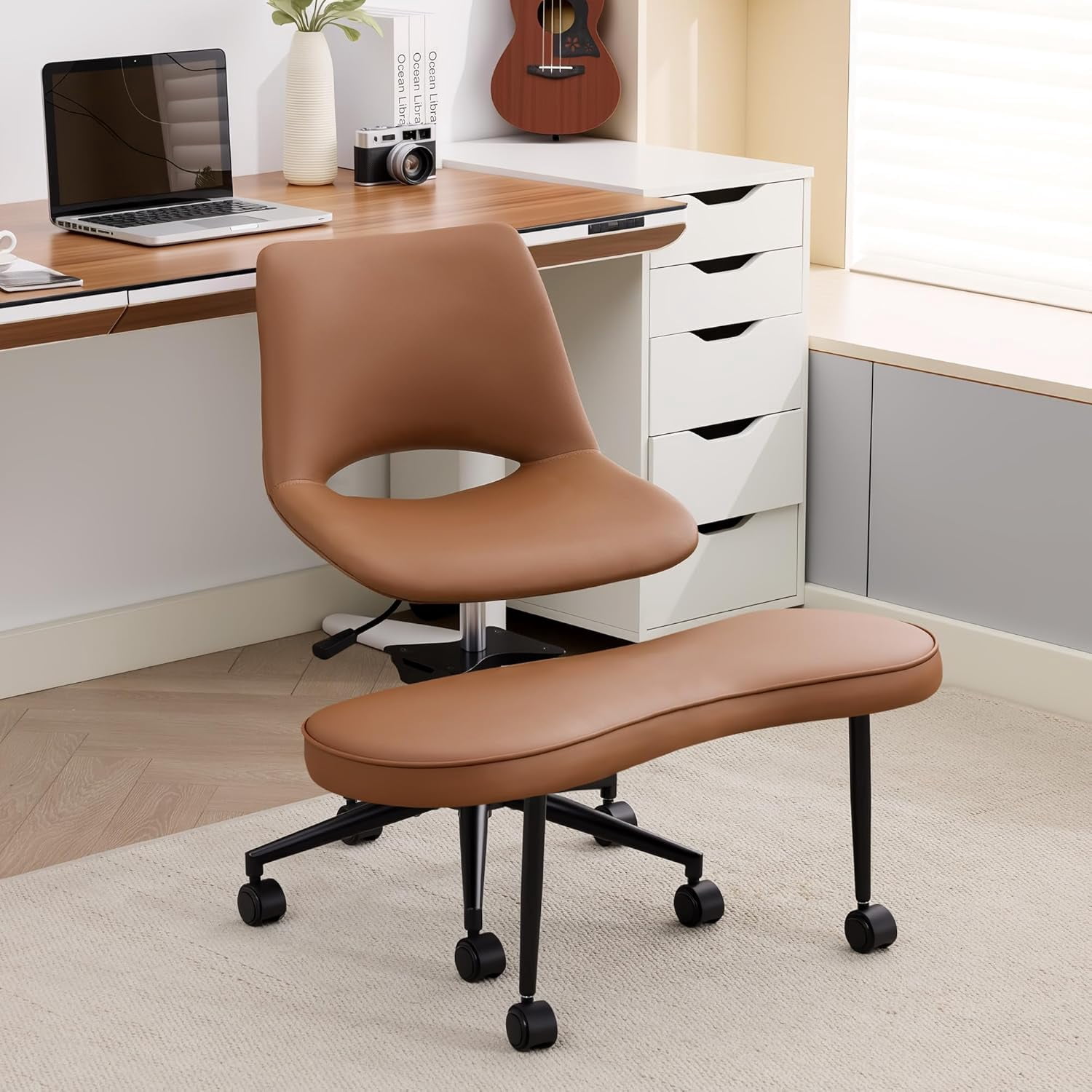 Ergonomic Cross Legged Chair with High Lumbar Support - Adjustable Height Swivel Kneeling Chair for Meditation and ADHD - Wide Criss Cross Seat with Wheels Brown