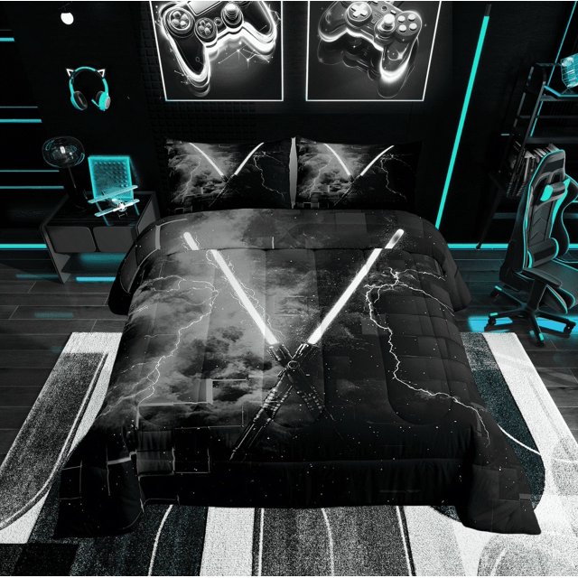 Erosebridal Ensembles de Couette Sabre Laser Gris Format Double, Couettes et Duvets Éclair Cool, Décor Géométrique Moderne, Réversible 3 Pcs
