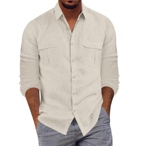 Ketyyh-chn99 Plaid Shirt Men Fall Clothes Mens Fashion Casual Button Lapel Cotton Solid Color Pocket Long Sleeve Shirt Top Beige,3XL