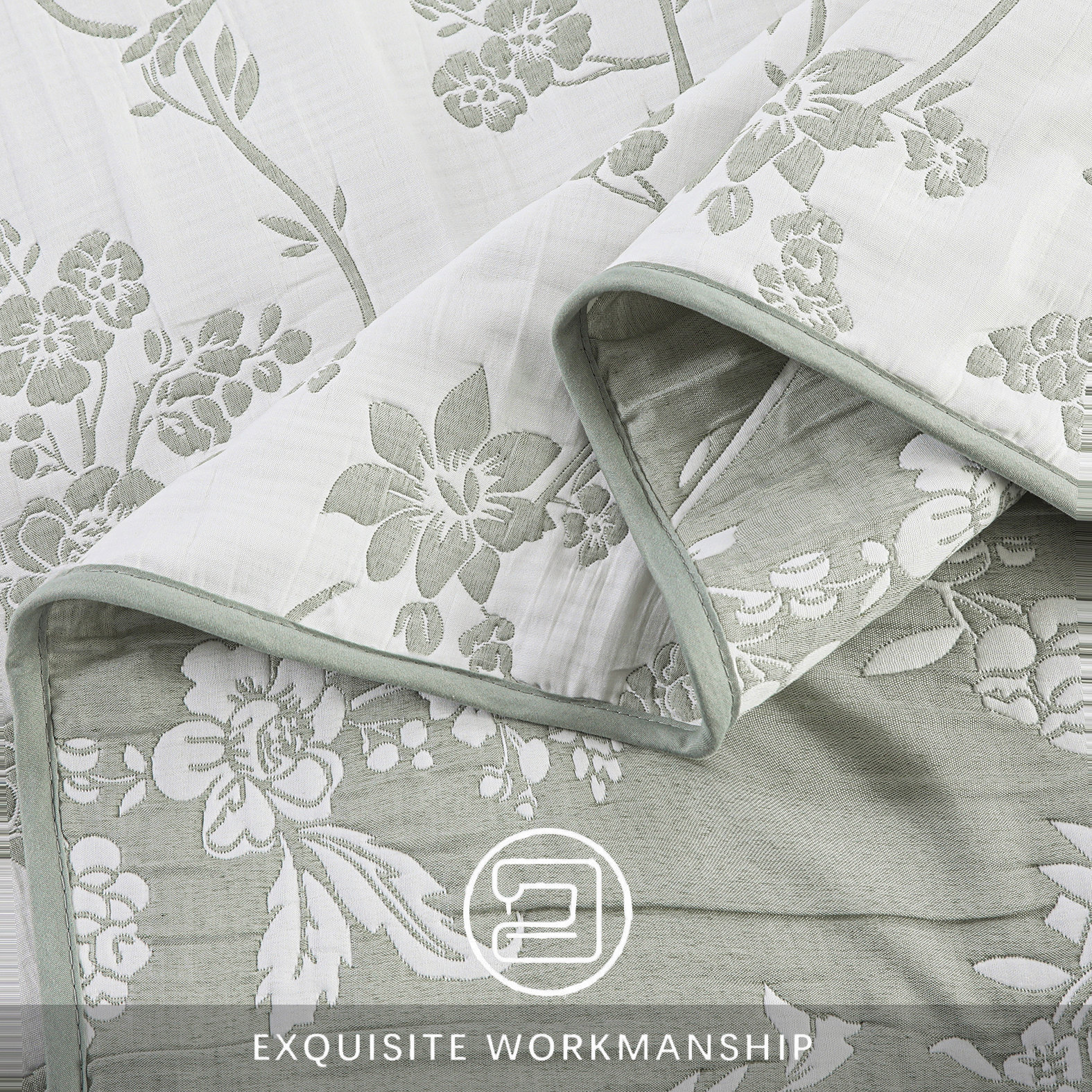 Couvre-lit brodé en jacquard Marina Decoration, parure de lit ultra douce, réversible, avec taies d'oreiller matelassées, motif floral vert