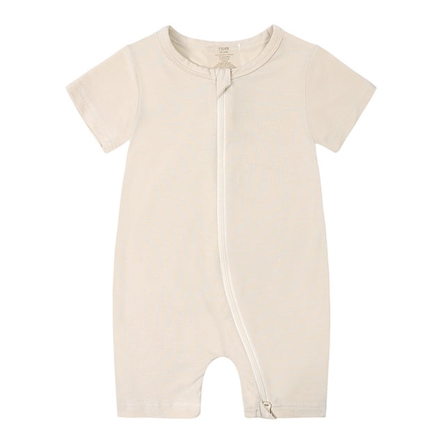 AherBiu Unisex Baby Clothes Short Sleeve Zip up Newborn Onesie Summer Crewneck Solid Color Rompers Outfits