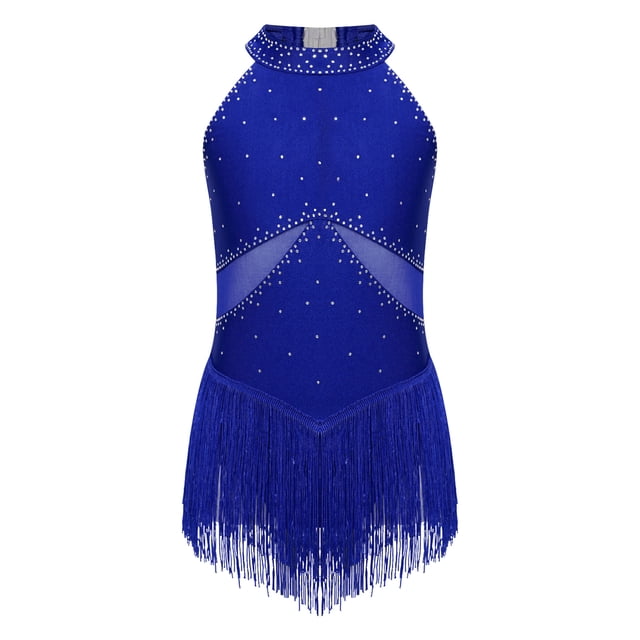 Yeahdor Robe de Danse Latine Sans Manches à Paillettes pour Filles, Robe Justaucorps de Jazz, Rumba Samba Salsa Cha Cha, Tenue de Danse de Salon Bleue 14
