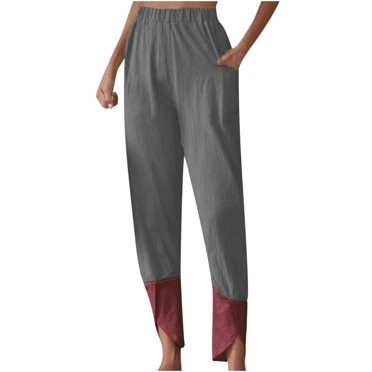 Pantalon Respirant en Mélange de Lin - Pantalon Décontracté Uni pour Femme, Jambe Grand avec Poches, Pantalon en Coton et Lin, Gris 5TG