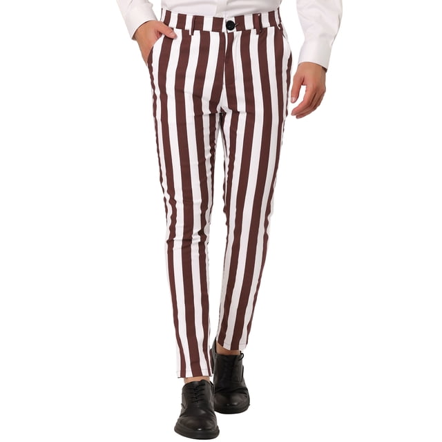 INSPIRE CHIC Men's Striped Pants Skinny Fit Contrast Color Button Zipper Trousers 38 Brown White