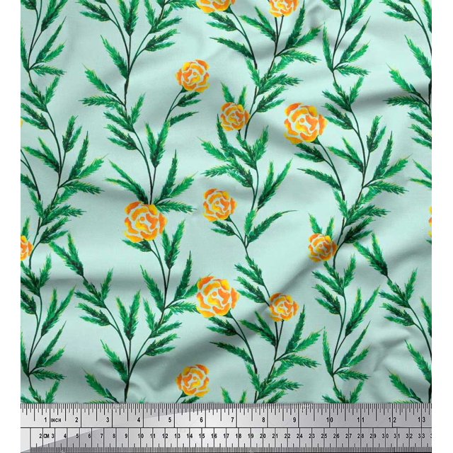 Soimoi Cotton Cambric Fabric Leaves & Rose Floral Decor Fabric Printed Yard 56 Inch Wide