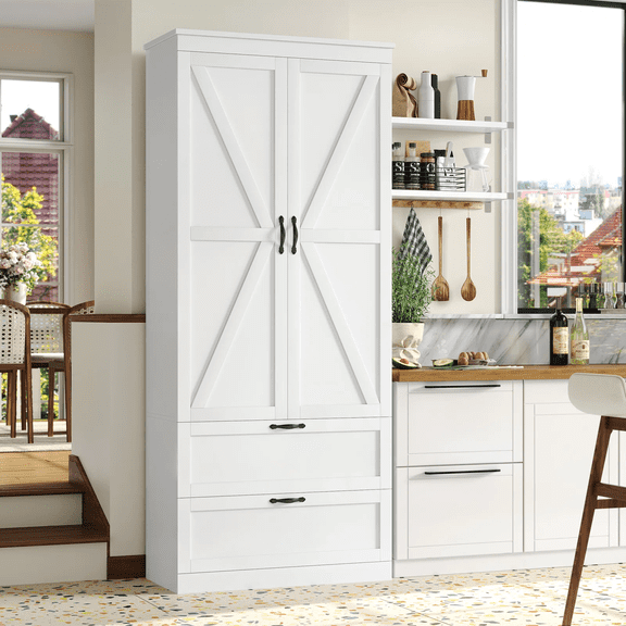 Homfa Garde-Manger de Cuisine de 70 Pieds' de Hauteur avec Tablette et Tiroir, Armoire de Rangement de Style Ferme à 2 Portes pour Salle à Manger et Salon, Blanc
