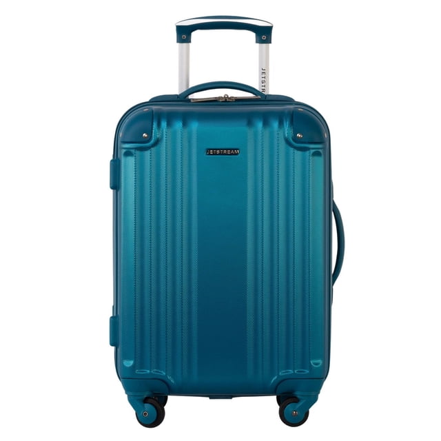JetStream® Hardside Carry-On Luggage with wheels in teal blue, showing a durable ABS hard shell with vertical ridges, front Jetstream logo, top and side handles, retractable telescopic handle, and four 360° spinner wheels for easy maneuvering, ideal for efficient travel and organized packing.