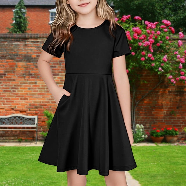 NTACZA Robes Filles Manches Courtes Midi Décontractées Robes T-Shirt Amples Fluides Robe de Plage pour Ado 5 Ans