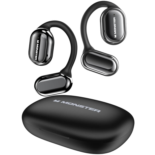 Monster Open Ear Headphones, Bluetooth 5.3 wireless headphones with earhooks, designed for comfort and performance. Featuring a black finish and compact charging case, these sport earbuds deliver immersive stereo sound with dual large drivers, AI noise-canceling, and 30-hour playtime. Waterproof and suitable for running, they enhance awareness with an open-ear design, ideal for Bluetooth & handsfree use.