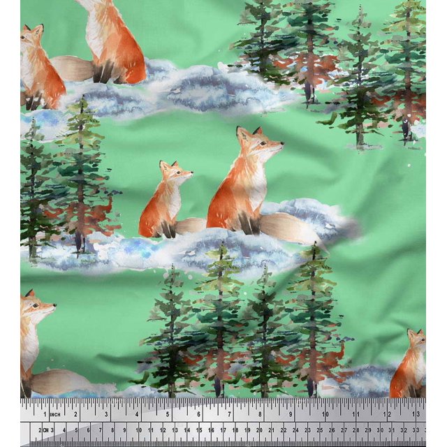 Soimoi Green Velvet Fabric Fox & Pine Tree Printed Craft Fabric by the Yard 58 Inch Wide