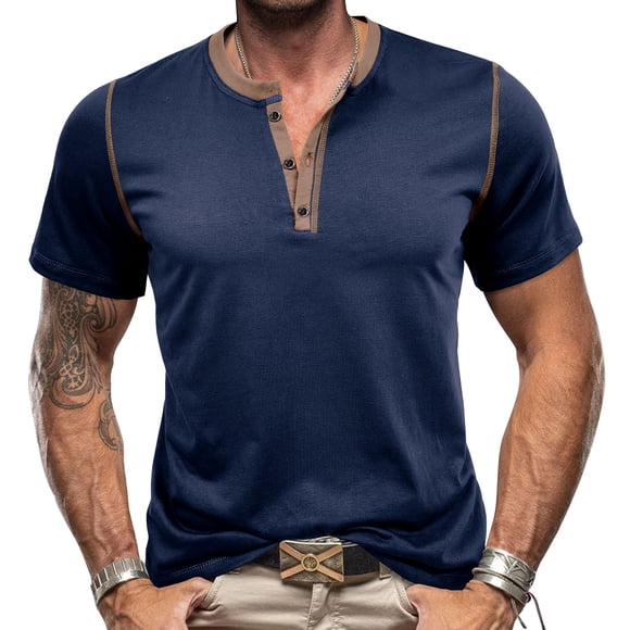 DDAPJ pyju Mens Short Sleeve Henley Shirts Solid Color Casual 3 Button T-shirts Collarless Workout Tee Lightweight Summer Basic T-shirt Limited Time Deals of Today Blue L