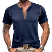 DDAPJ pyju Mens Short Sleeve Henley Shirts Solid Color Casual 3 Button T-shirts Collarless Workout Tee Lightweight Summer Basic T-shirt Limited Time Deals of Today Blue L
