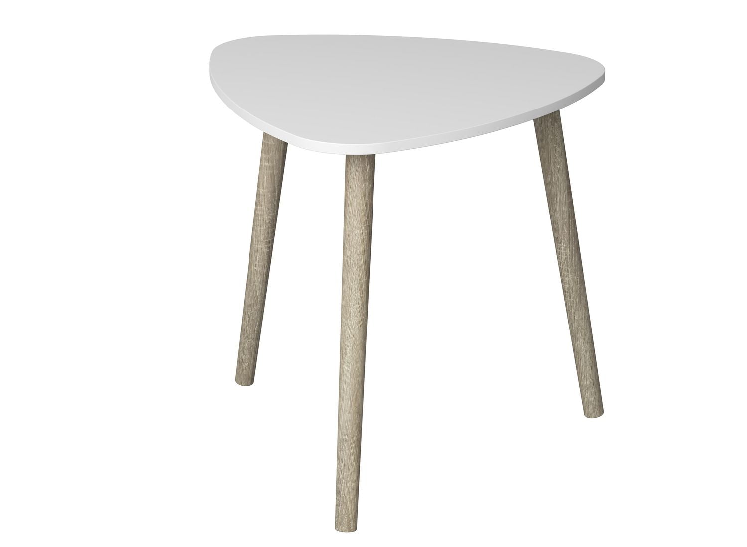 Table d'appoint. Table de bout pour salon. Table de chevet ou table de nuit. Petite table d'entrée. Facile à assembler. Plateau blanc, base en bois naturel.