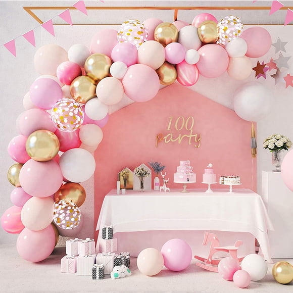Kit d'Arche Guirlande de Ballons Roses Rose Pâle Or Ballons Blancs Confettis Ballons Métalliques en Latex pour Fille Anniversaire Shower de Bébé Mariage Décorations Fournitures