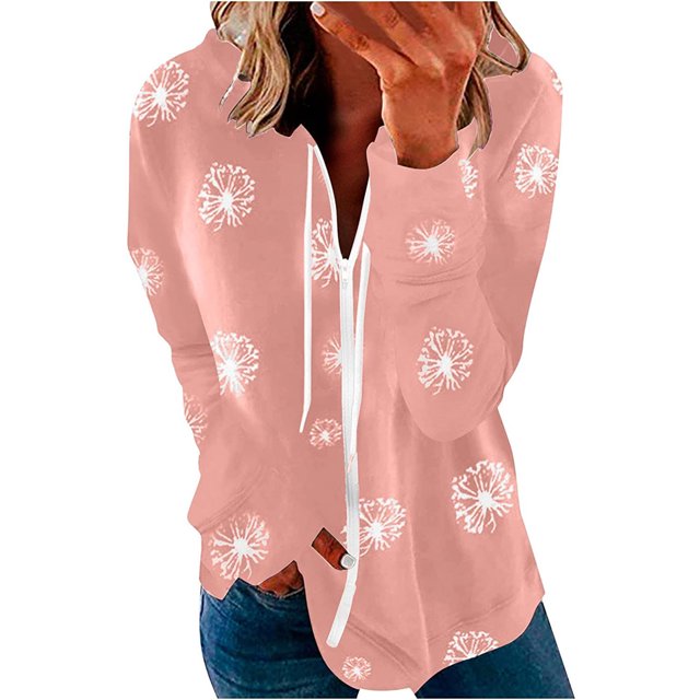 Pompotops Women Dandelions Printing Hooded Long Sleeve Zipper Drawstring Shirts Tops Coat
