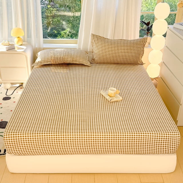 Fiudx Light Blue Checkered Bed Sheet Set - 150X200Cm Easy Wash Polyester Single Size | 1 Piece Solid Color Fitted Sheet for Adults