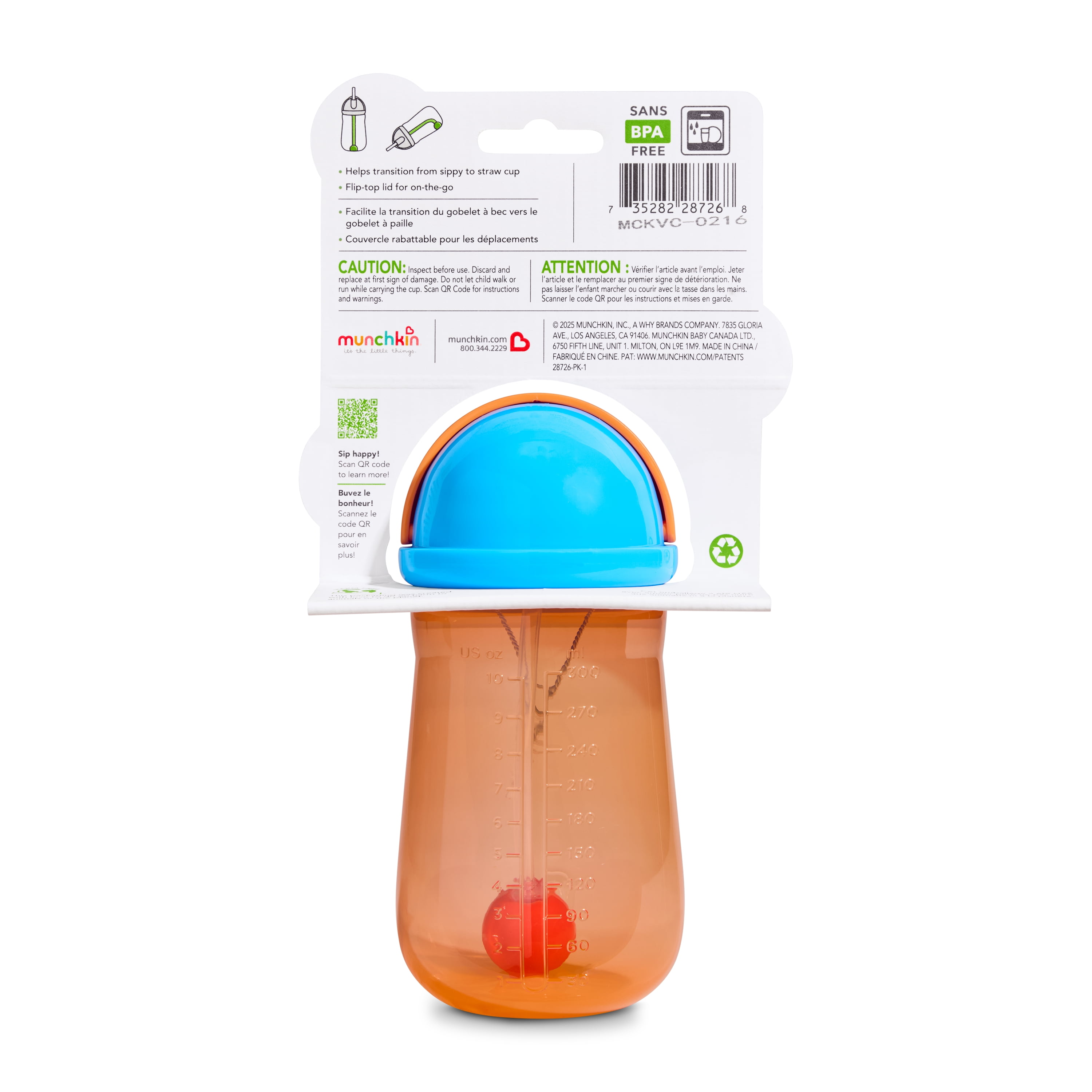 Munchkin Any Angle™ Spill-Proof Weighted Straw Trainer Cup with Click Lock Technology, Baby & Toddler Transition Sippy Cup, 10 Ounce Orange