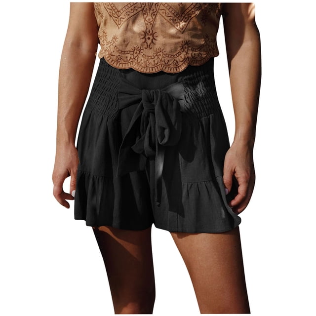 Timegard Cotton Linen Shorts for Women Elastic High Waisted Drawstring Smocked Flowy Beachwear Shorts