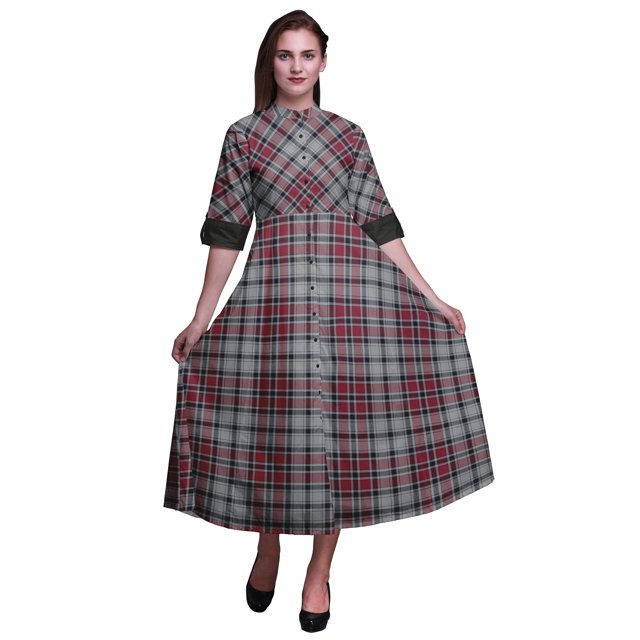 Bimba Check Printed Womens Roll Up Sleeves Dress Mandarin Collar Button Down Shirt-Small