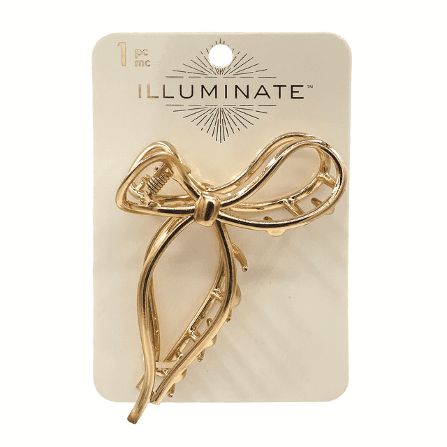 Illuminate 1pc Gold Bow Claw Clip centered front-facing view of a gold metal bow-shaped hair claw with visible interlocking curved teeth and central hinge, smooth metallic sheen on a neutral background. Suitable for everyday or special-occasion hold and often used to secure lightweight scarves.