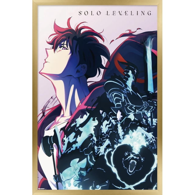 Solo Leveling: Season 2 - Teaser Key Art Wall Poster, 22.375" x 34" framed, depicting a side profile of a male anime character with red and black hair looking upward, surrounded by glowing blue ethereal warriors and a roaring spectral bear, set on a light background with the Solo Leveling title above, suitable for anime-themed home décor.