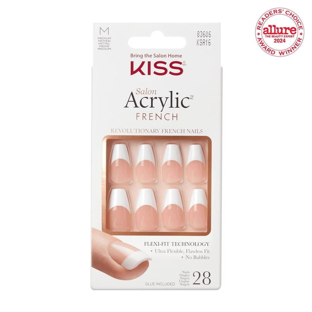 KISS Salon Acrylic - Fake Nails, 28 Count, Medium length French nails with natural pink base and white tips, displayed in packaging showing 8 nails, featuring flexi-fit technology for a bubble-free, flawless fit, includes glue and manicure stick for easy at-home application.