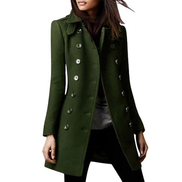 Manteau d'Hiver pour Femme à Double Boutonnage Élégant à Revers, Manches Longues, Trench Caban en Mélange Vert Armée TG