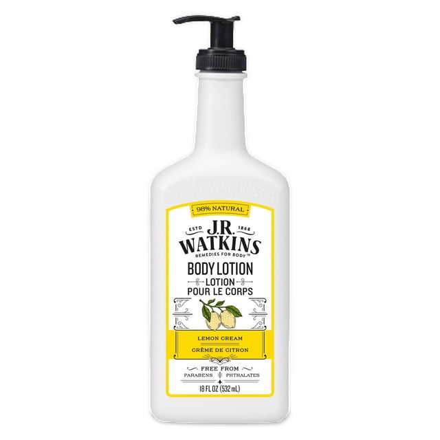 J.R Watkins Lemon Cream Daily Moisturizing Lotion in an 18 fl oz (532 mL) white plastic pump bottle with black dispenser, featuring a yellow and white label with lemon illustration, 98% natural ingredients, free from parabens and phthalates, ideal for hand and body moisturizing.