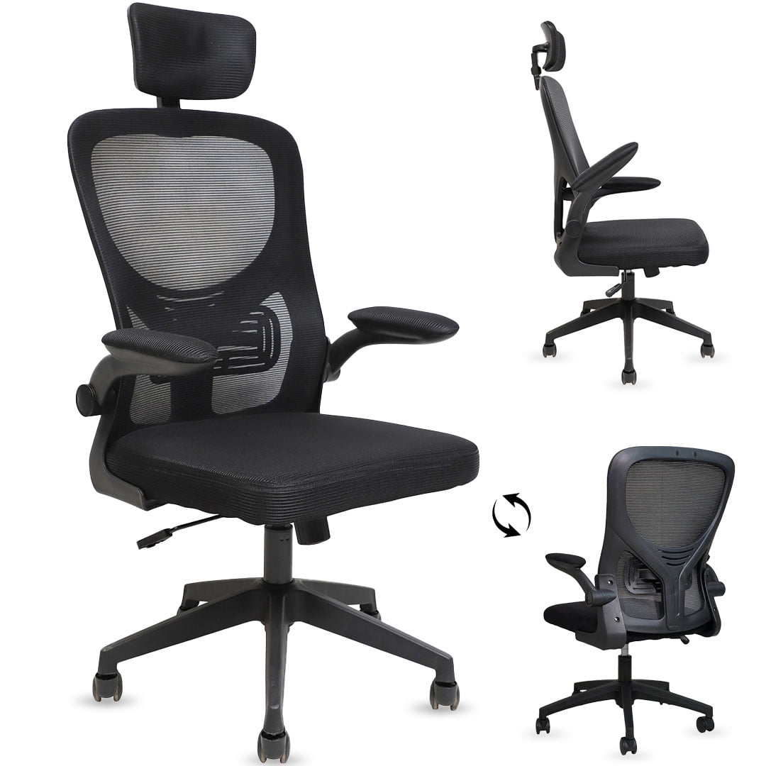 MotionGrey MC2 Ergonomic Office Chair – Comfy High-Density Foam Seat, Flip-Up Armrests, Removable Headrest – Space-Saving Computer Desk Chair for Home, Gaming & Office - Black