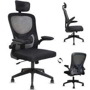 MotionGrey MC2 Ergonomic Office Chair – Comfy High-Density Foam Seat, Flip-Up Armrests, Removable Headrest – Space-Saving Computer Desk Chair for Home, Gaming & Office - Black