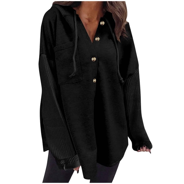 Swstbby Soldes d'Automne! Hauts d'Automne pour Femmes Grande Taille, Chandail à Capuchon Décontracté à Manches Longues Patchwork Contrasté Noir S