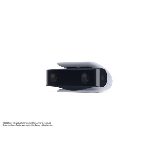 PlayStation®5 HD Camera featuring dual wide-angle lenses in black on a white adjustable built-in stand, enabling 1080p full-HD capture and integration with PS5 background removal tools for gameplay recording and broadcasting.