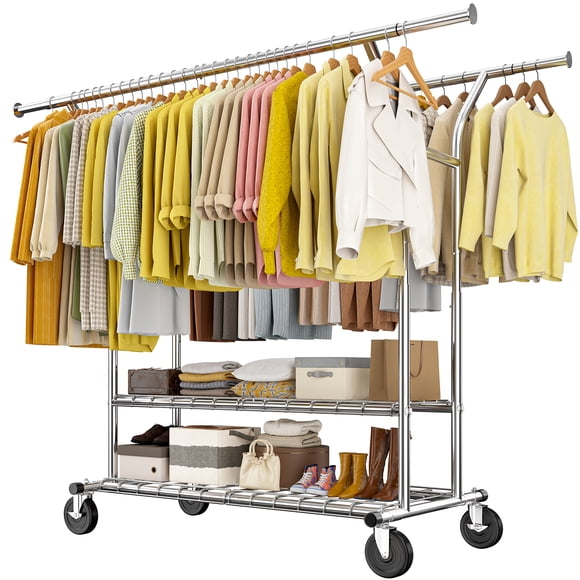 Exenoray Heavy Duty Rolling Clothing Rack with Shelves, 630 lbs Adjustable Double Rod Clothes Rack on Wheels, Freestanding Garment Organizer for Bedroom & Laundry Room