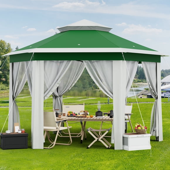 GOGRANT Gazebo Escamotable 13x13 avec Moustiquaire, Tente de Toit Extérieure avec Toit Ventilé et Sac à Roulettes pour Patio, Cour Arrière, Camping