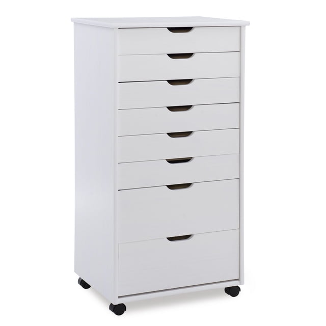 Craydon Eight-Drawer Rolling Storage Cart, Whitewash front-facing cart with six equal shallow upper drawers (17.17"w x 12.36"d x 2.05"h) and two deep bottom drawers (17.17"w x 12.36"d x 5.31"h), whitewashed wood finish, smooth top surface, soft contoured handle cutouts, removable drawers that double as trays, caster wheels for mobility, suitable for office, craft or kitchen use.