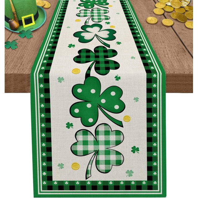 St Patricks Day Table Runner Buffalo Plaid Shamrock Holiday Table Runners for Kitchen Dining Table Party, Farmhouse Decor Lucky Burlap Table Runners 48 Inches Long, St Patricks Day Decorations 13x48in