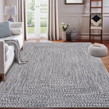 Garvee Tapis de Zone 8'x10 Pieds à Motif Tressé, Tapis Intérieur Lavable à la Machine Antidérapant à Poil Ras Style Ferme Uni pour Chambre, Salon, Salle à Manger, Bureau, Gris
